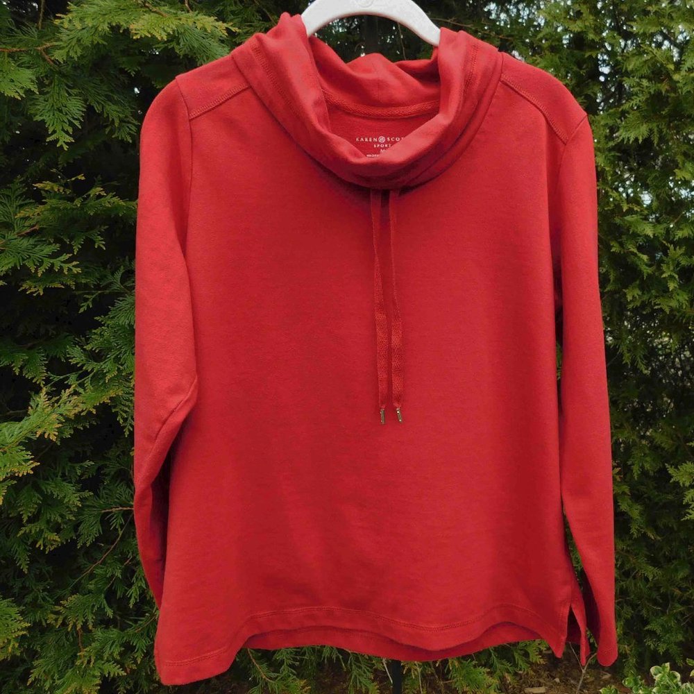 Karen Scott Sport Cowl Neck Sweatshirt with Drawstring Collar & Side Slits